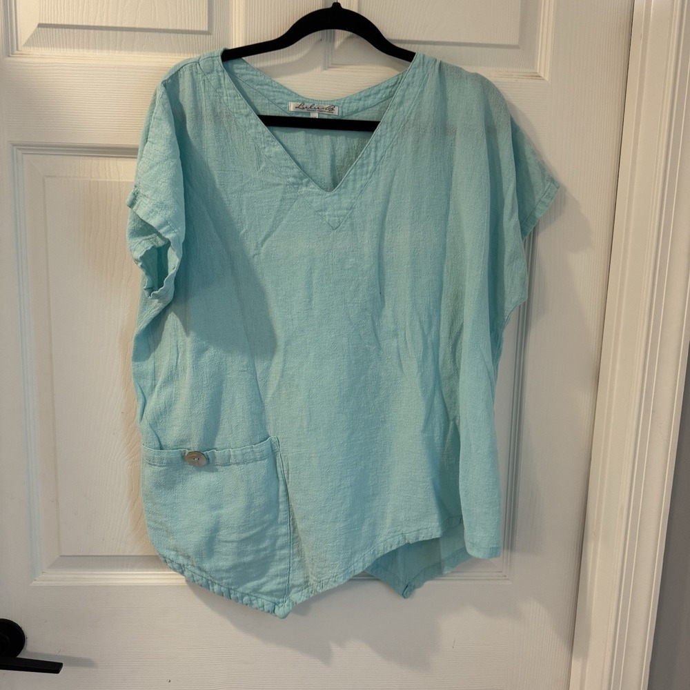 LULU-B‎ Pullover Tunic Top Turquoise Short Sleeve  100% Cotton Lite Summer Sz 1X